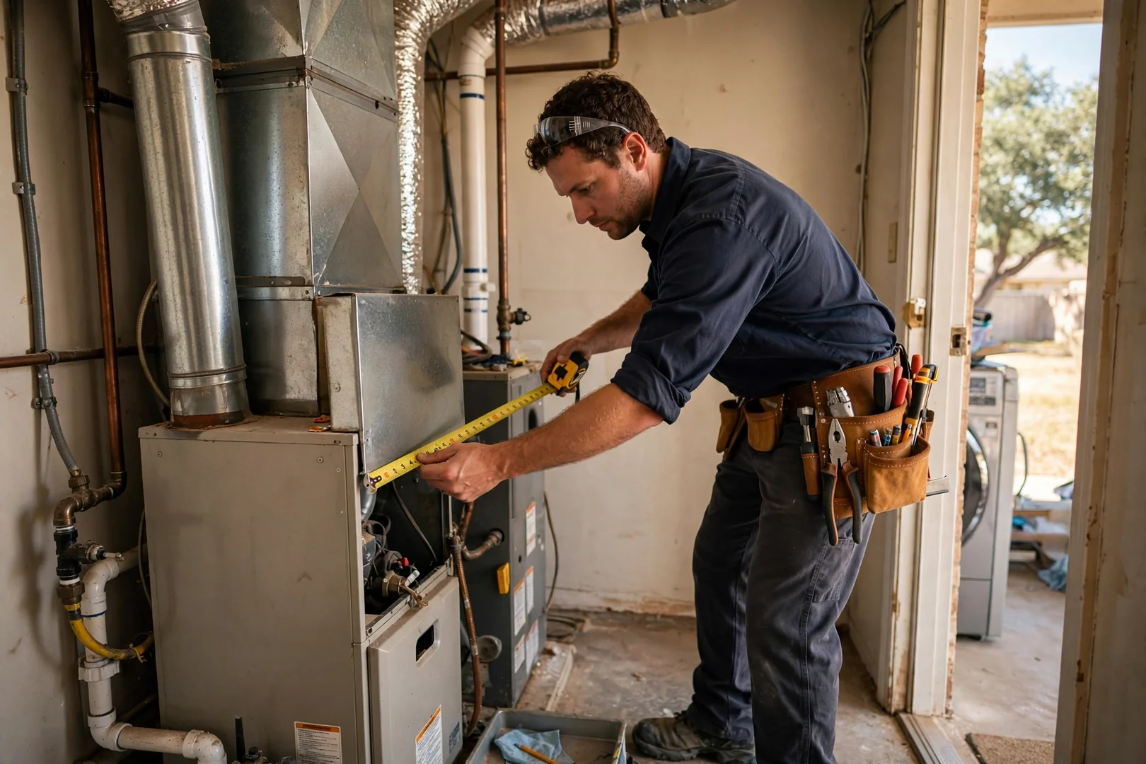Technician measuring a home's existing furnace and ductwork before an installation estimate