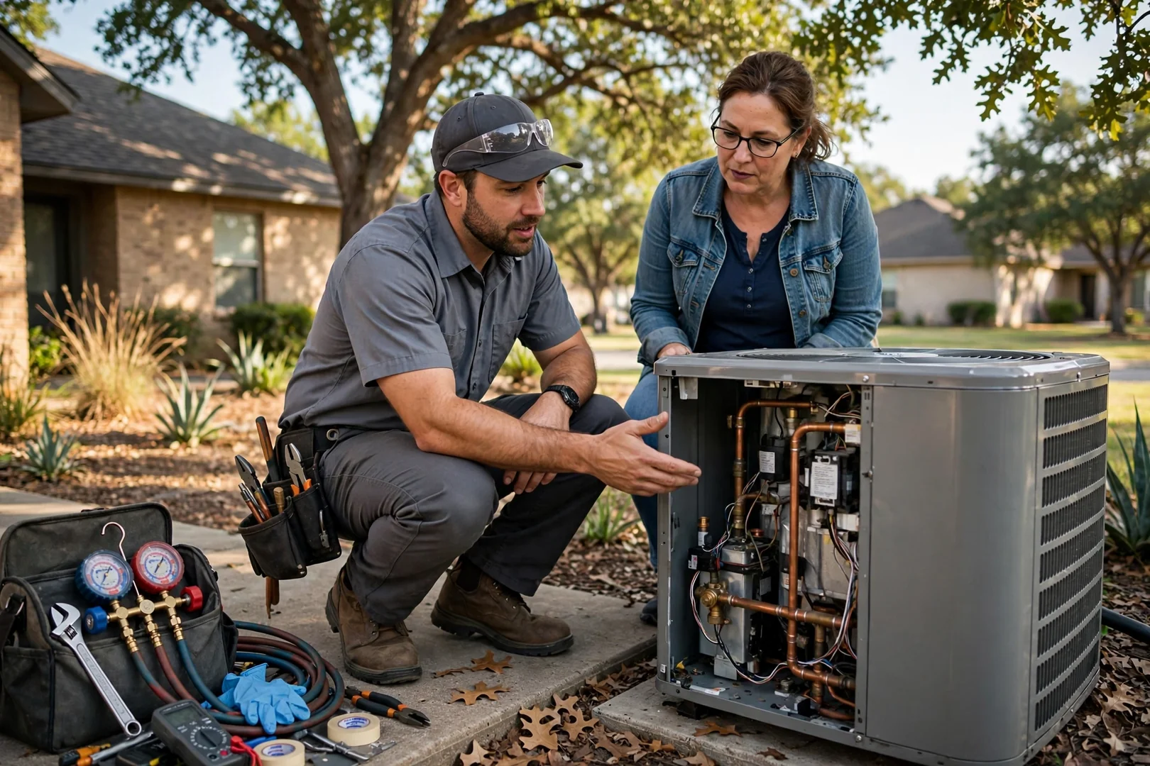 Technician installing a new AC condenser beside a home in Converse, TX