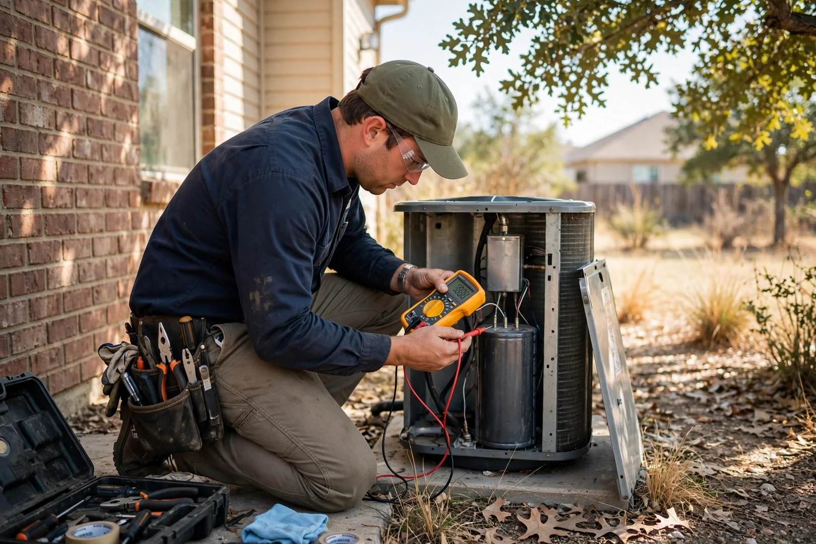 Technician testing an outdoor AC condenser capacitor at a Converse home