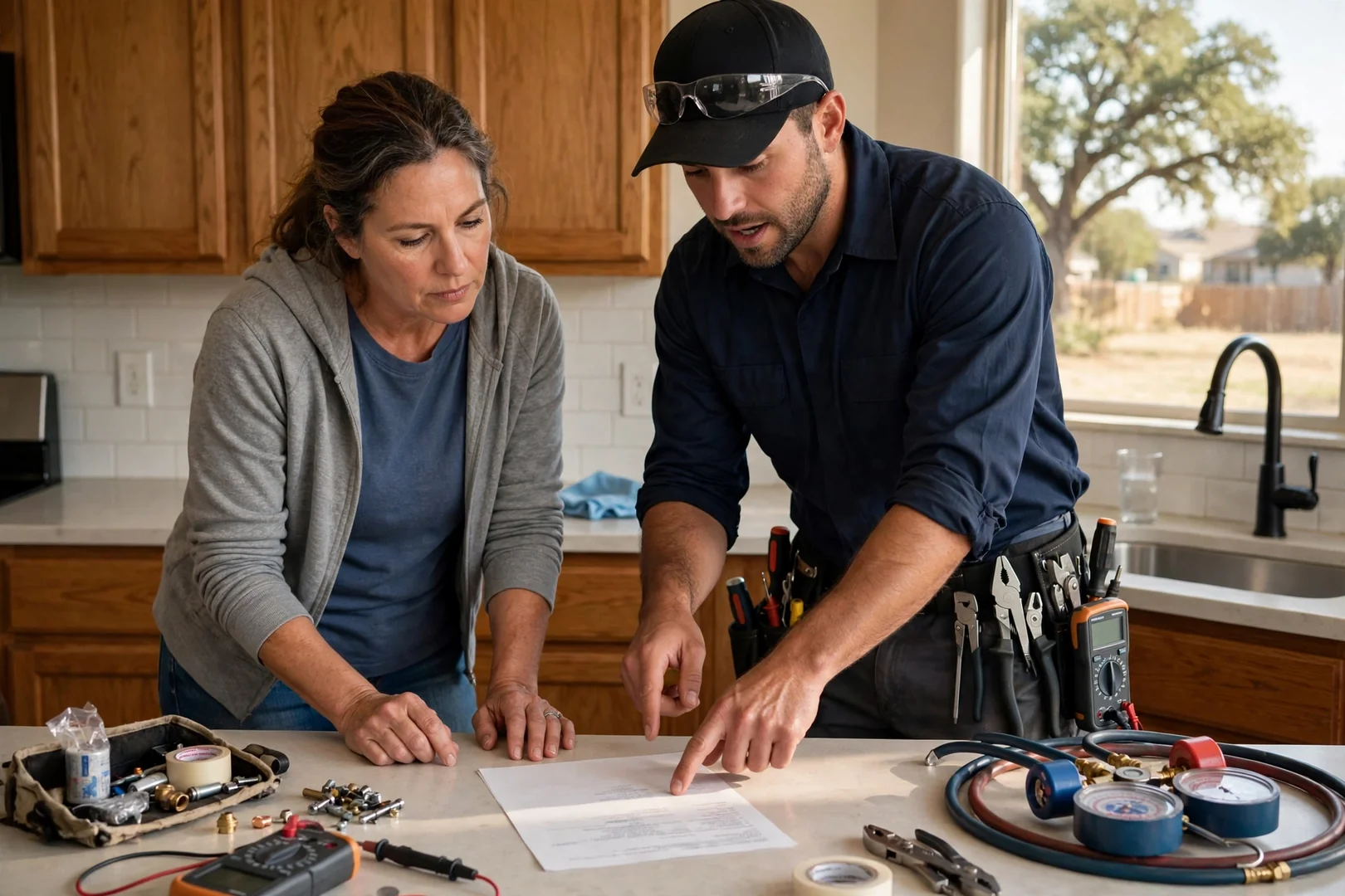 Homeowner reviewing a written AC repair estimate with an HVAC technician in the kitchen