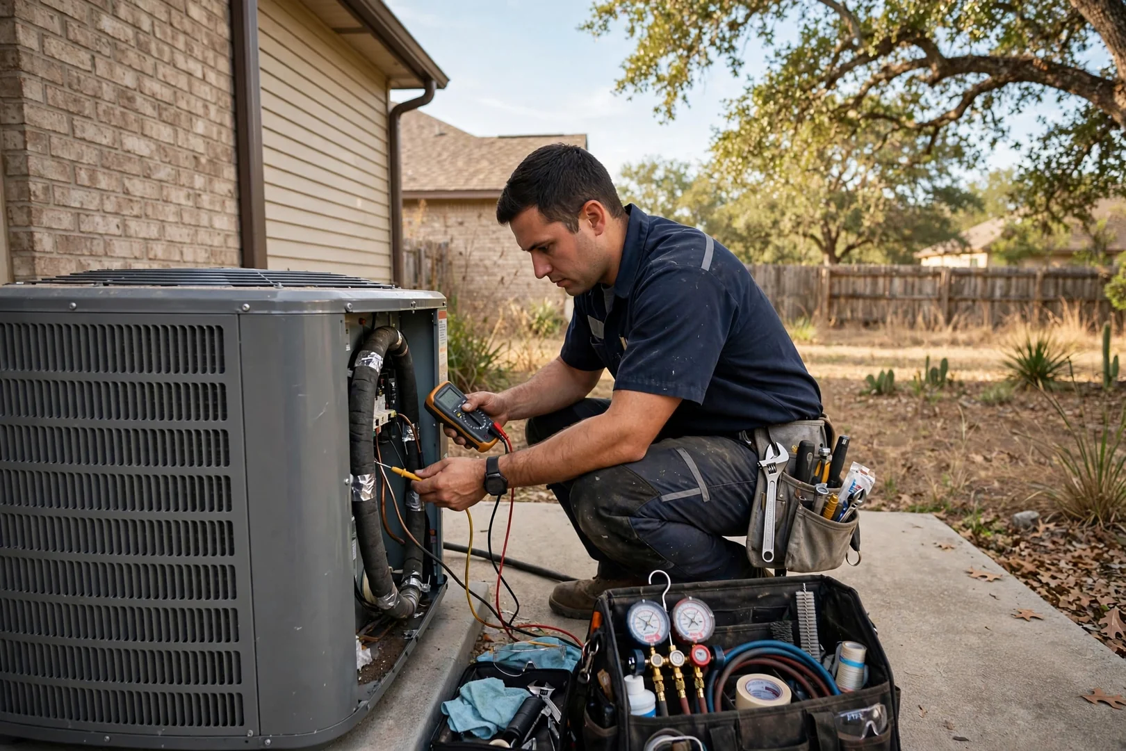 HVAC technician checking an outdoor AC condenser unit beside a home in Converse, TX