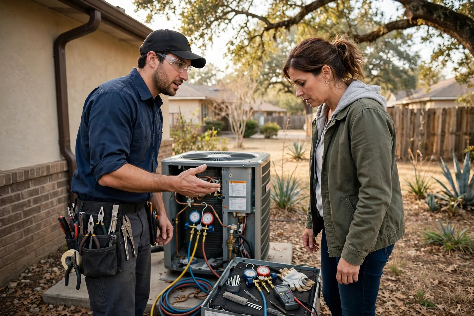 HVAC technician testing an outdoor AC condenser capacitor at a Converse home