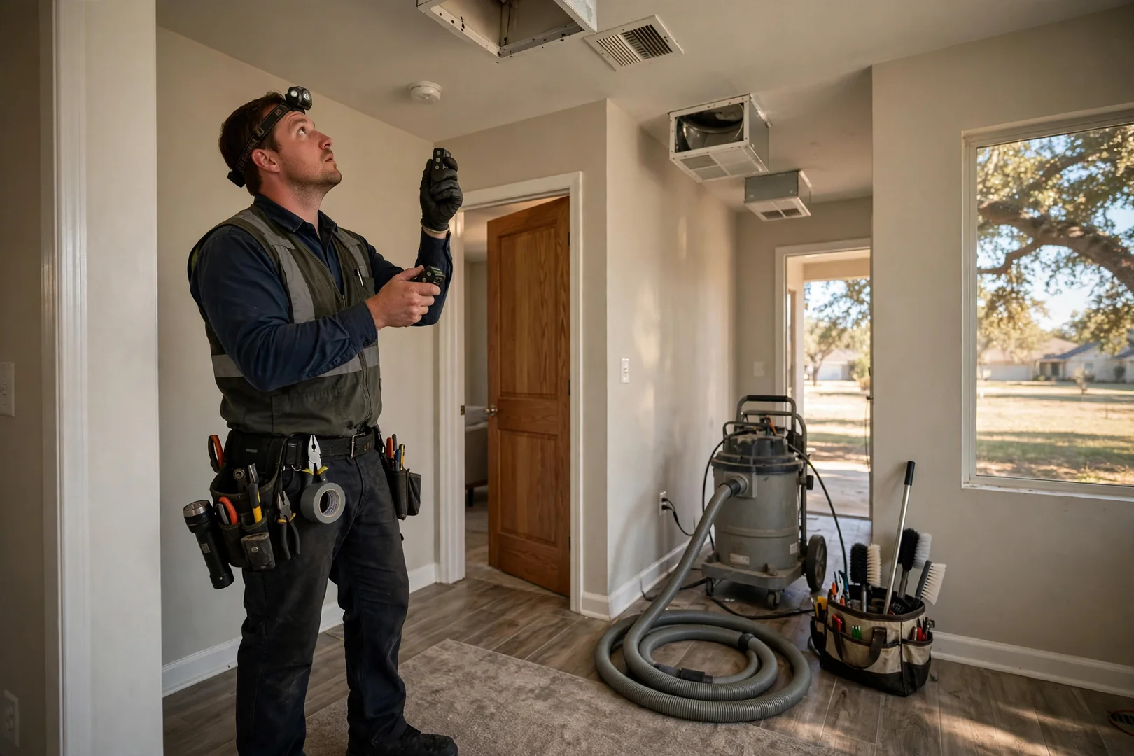 Technician counting supply vents during an air duct cleaning assessment in a Converse home