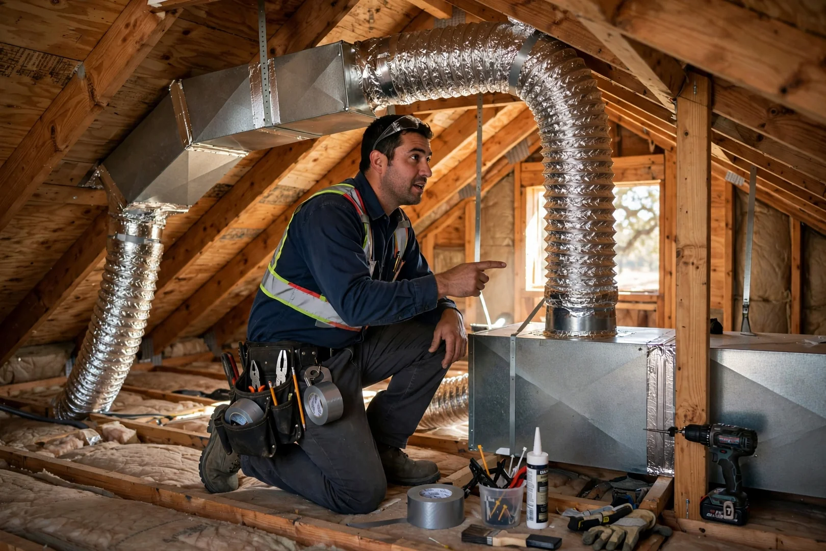 Flexible ductwork and sheet metal trunk line inside a residential attic