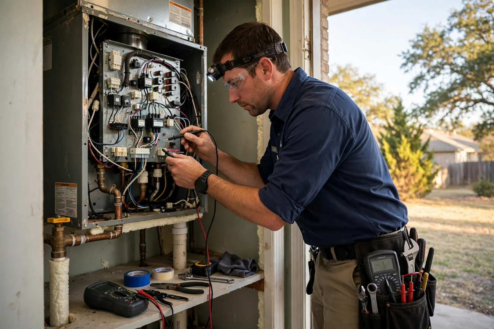 Technician inspecting a gas furnace control board inside a Converse home utility closet