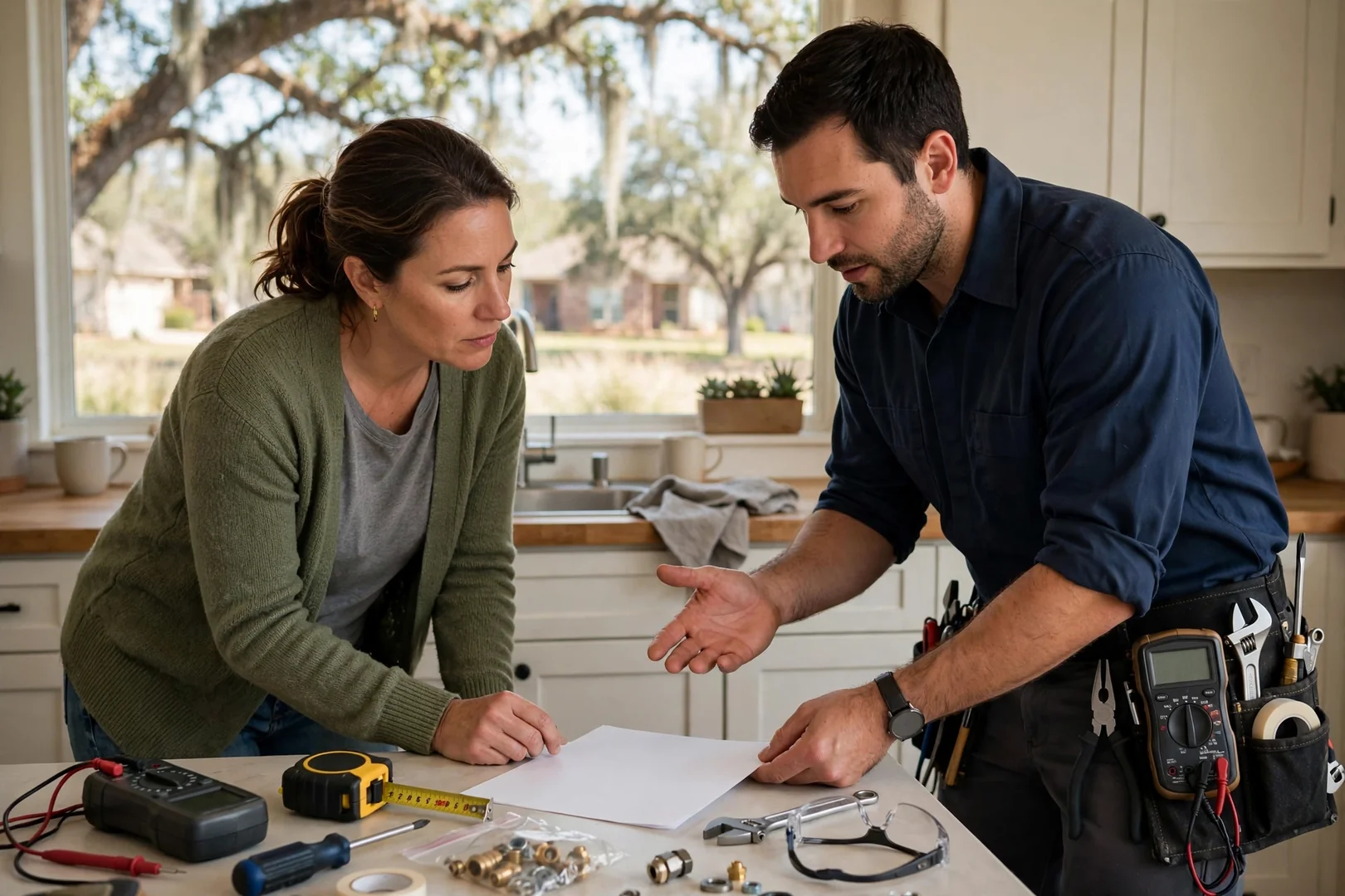 Homeowner reviewing a written furnace repair estimate with an HVAC technician at the kitchen table