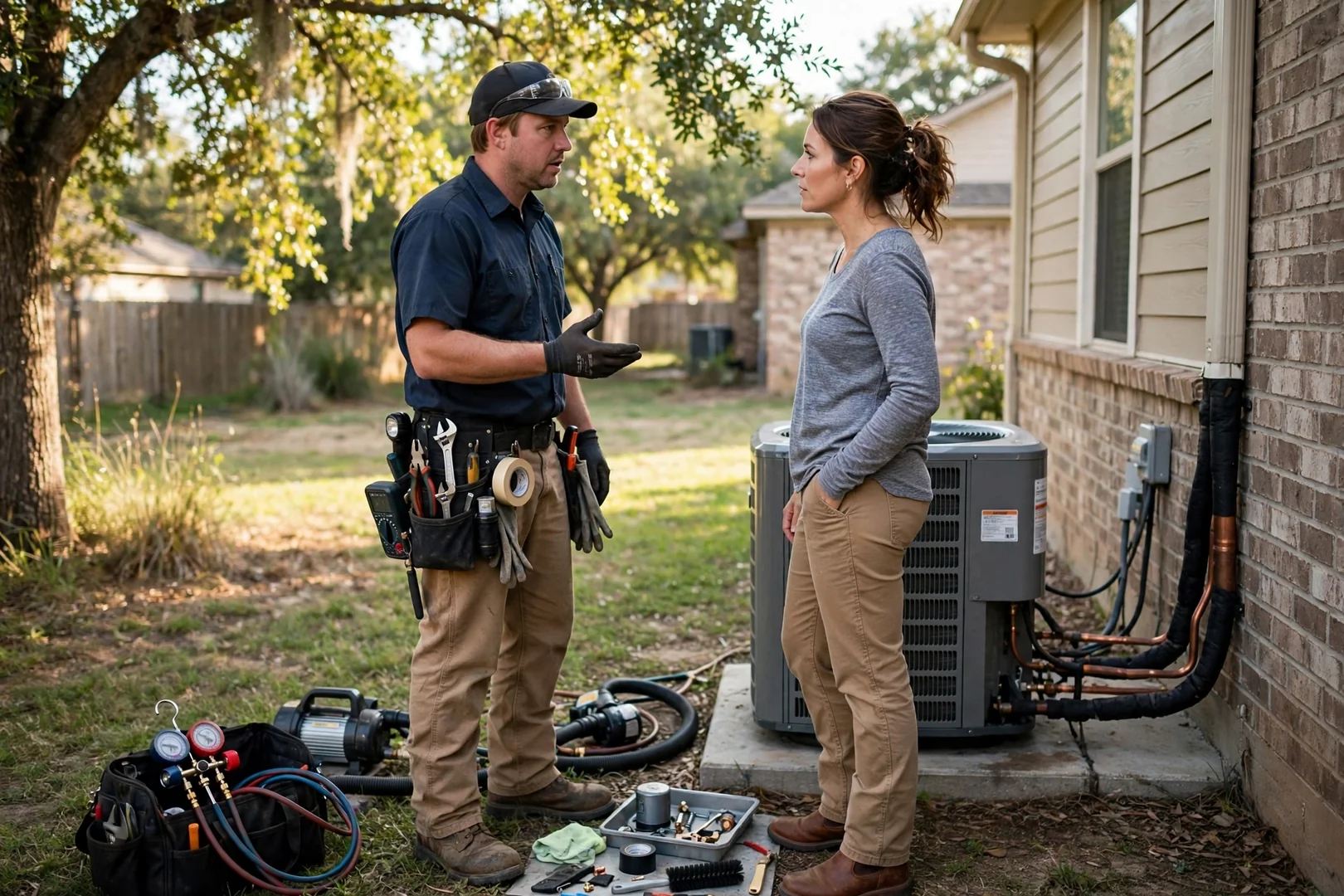 Technician inspecting a residential gas furnace burner assembly in a Converse home