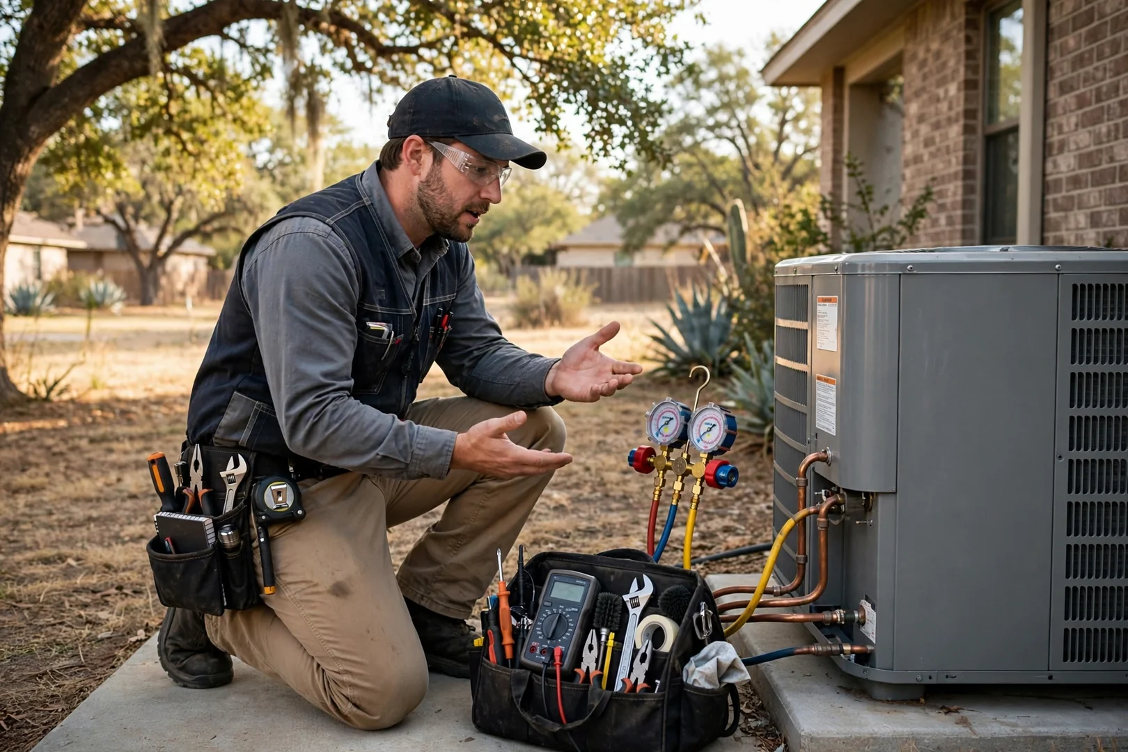HVAC technician scheduling a seasonal maintenance visit for a home in Converse, TX