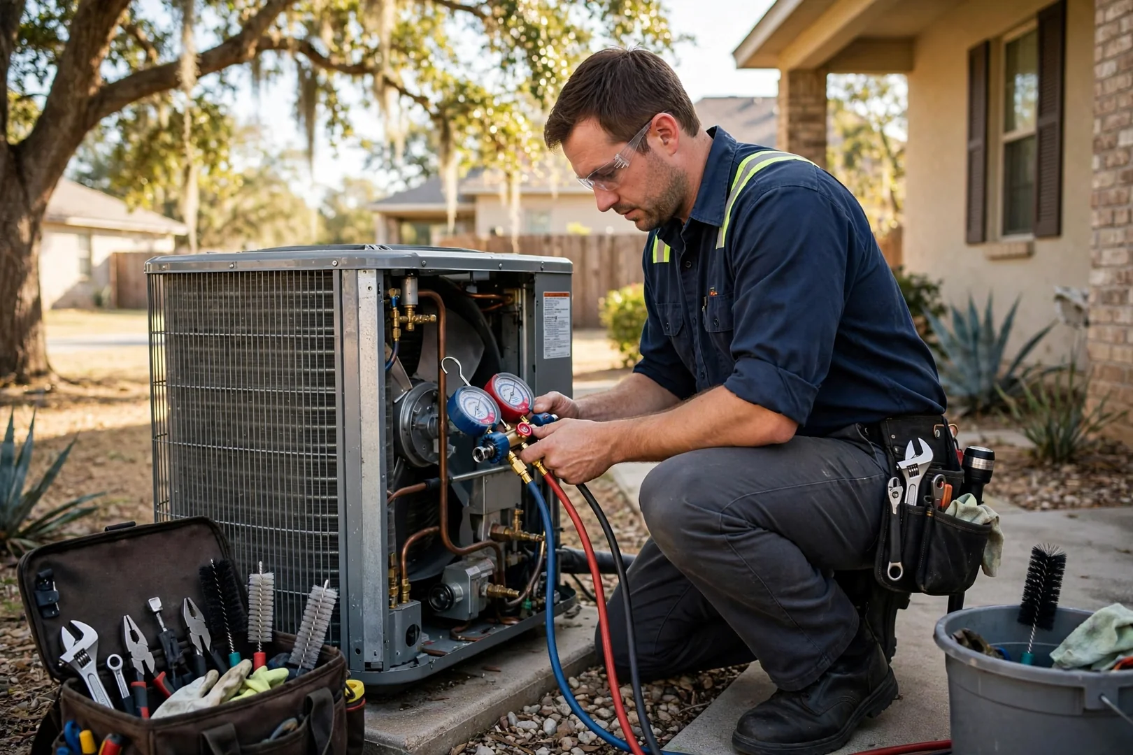 Technician inspecting an outdoor AC condenser in Converse