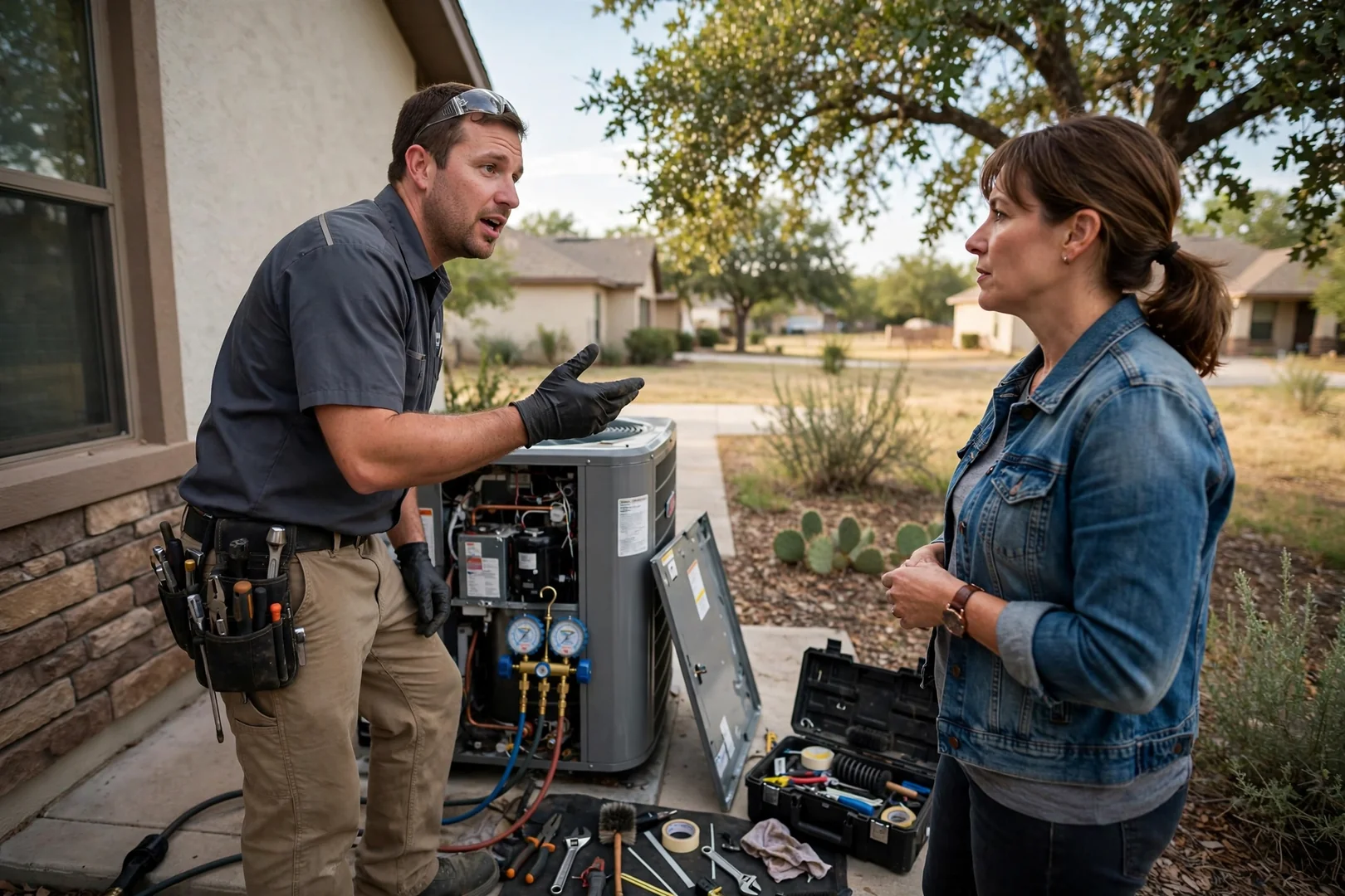 Technician explaining an HVAC estimate to a homeowner