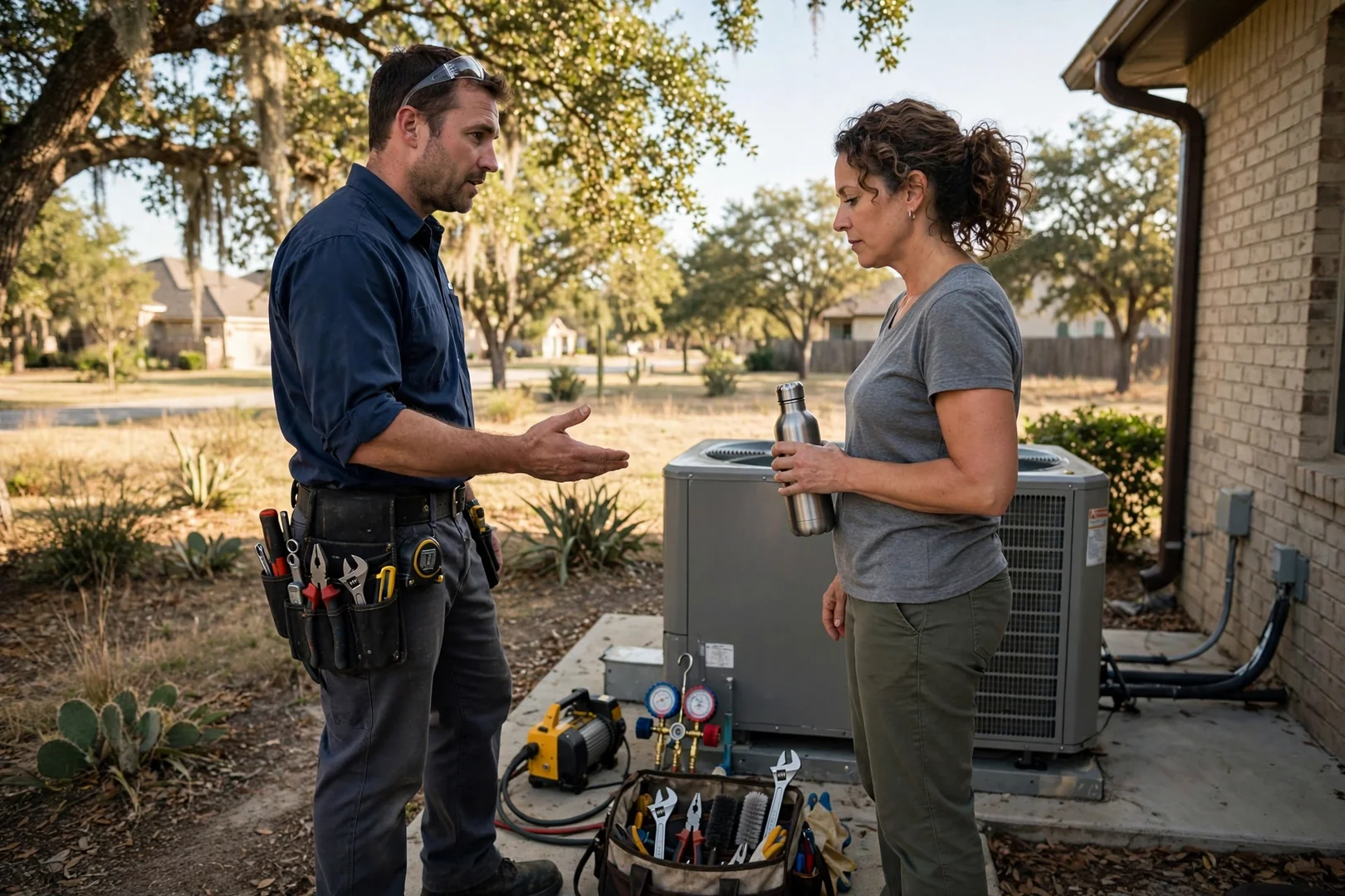 HVAC technician reviewing a written estimate with a homeowner beside an outdoor AC unit in Converse