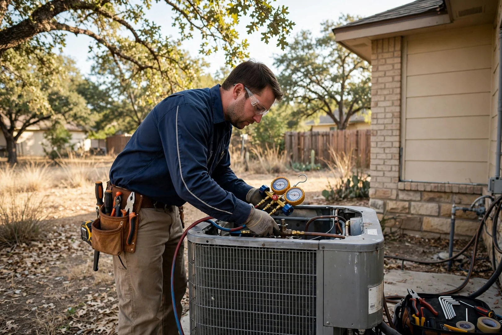 Residential street with single-family homes and outdoor AC condensers in Converse, Texas