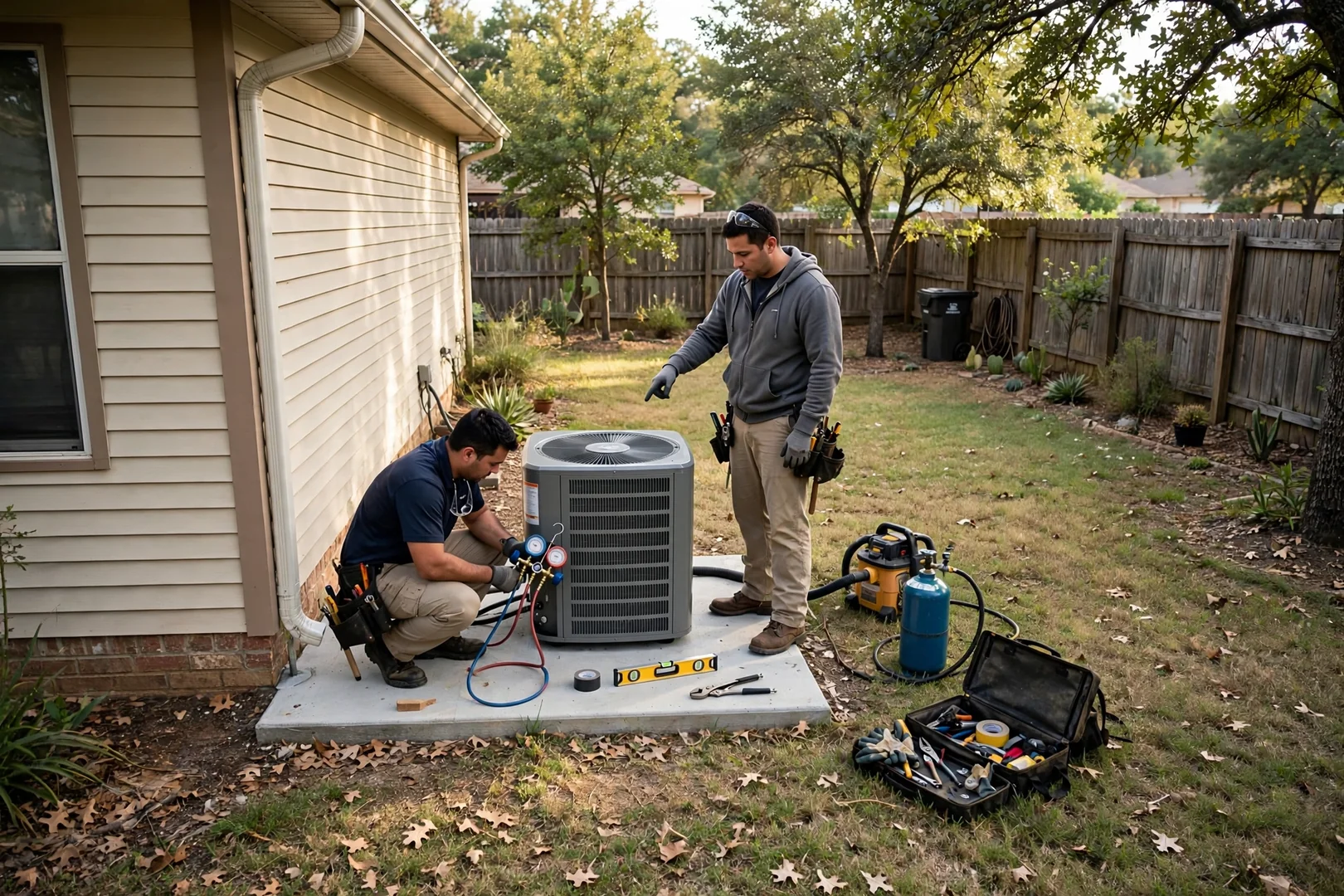 Wide view of a suburban backyard with a new AC condenser on a level pad
