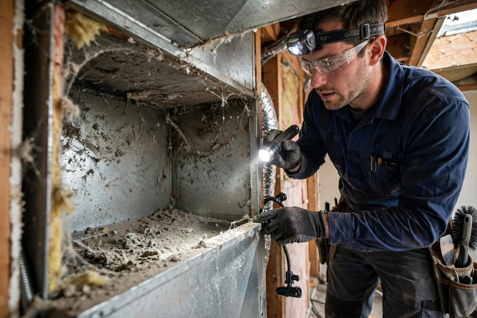 Close-up of dusty return air duct before professional air duct cleaning service