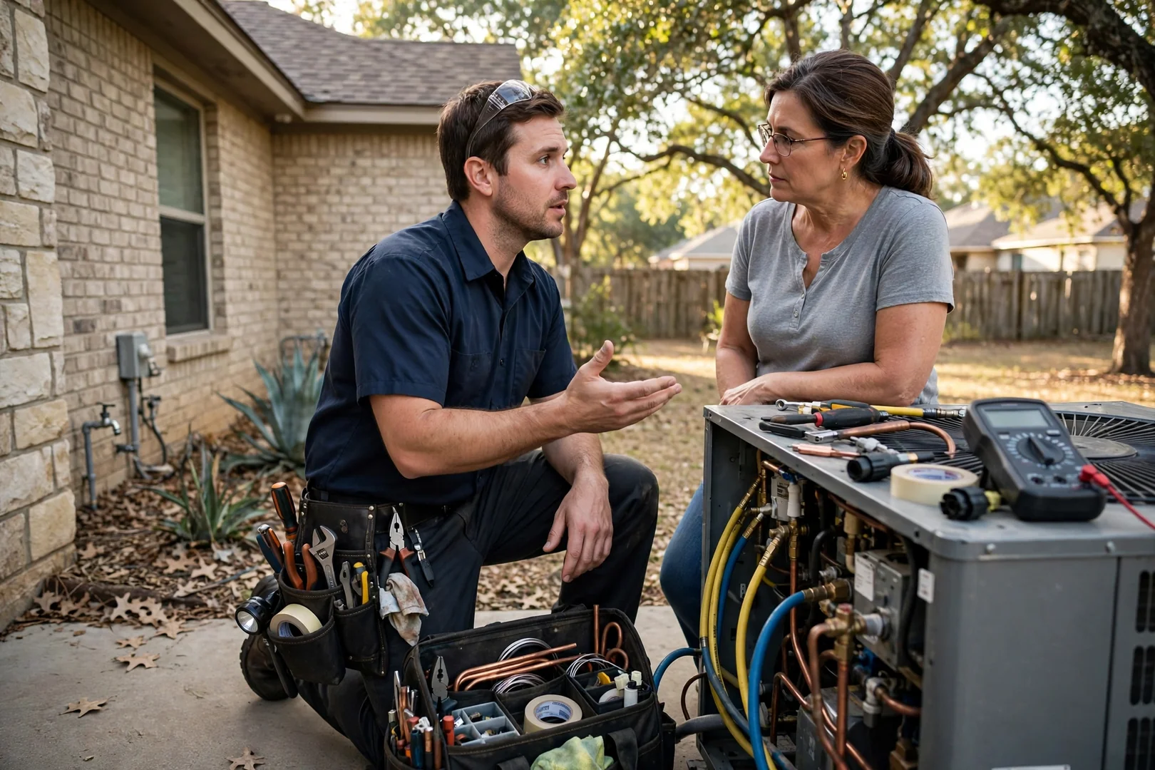 Technician walking a homeowner through finished HVAC work in Converse
