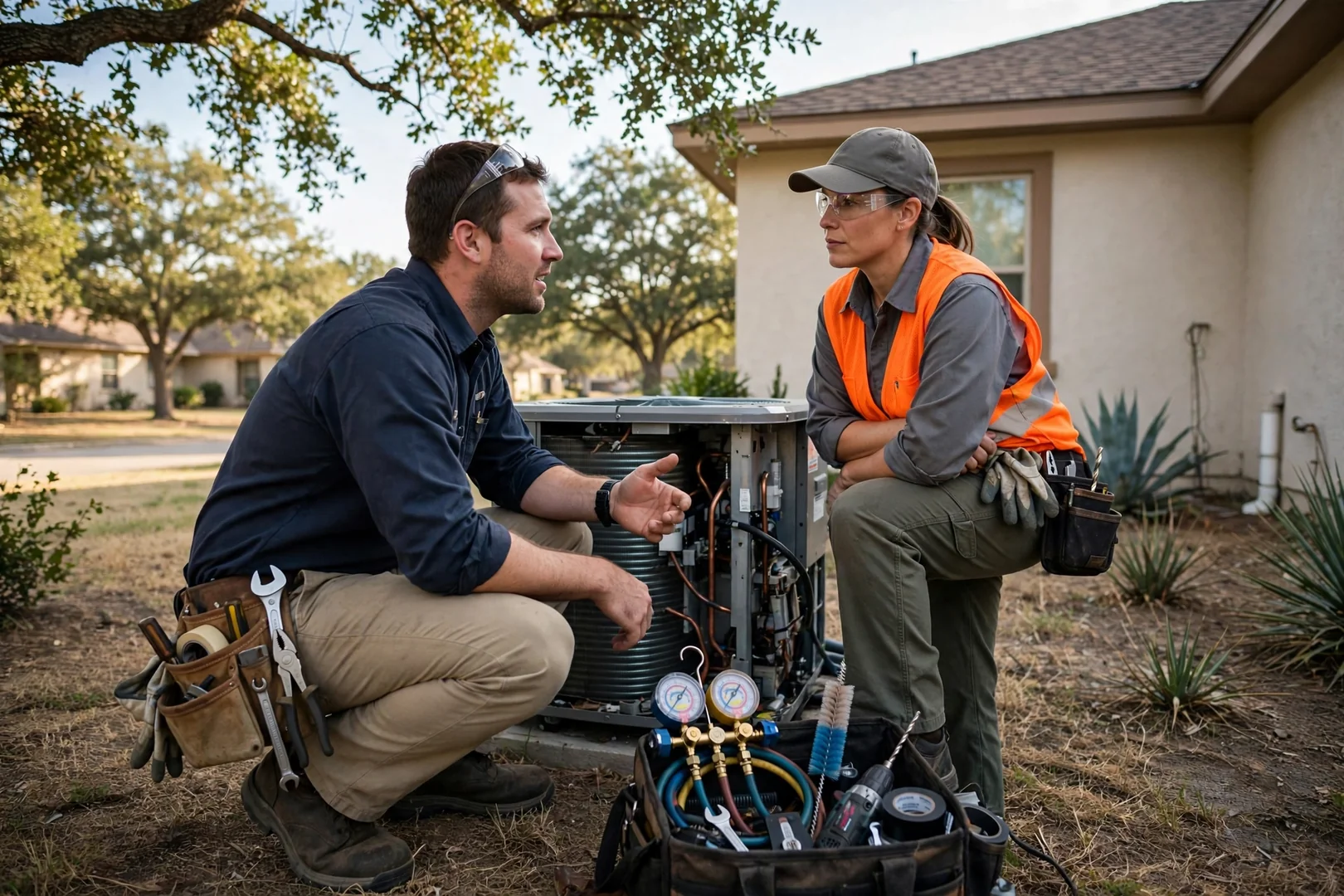 HVAC technician reviewing digital manifold gauge readings beside a Converse home's AC unit