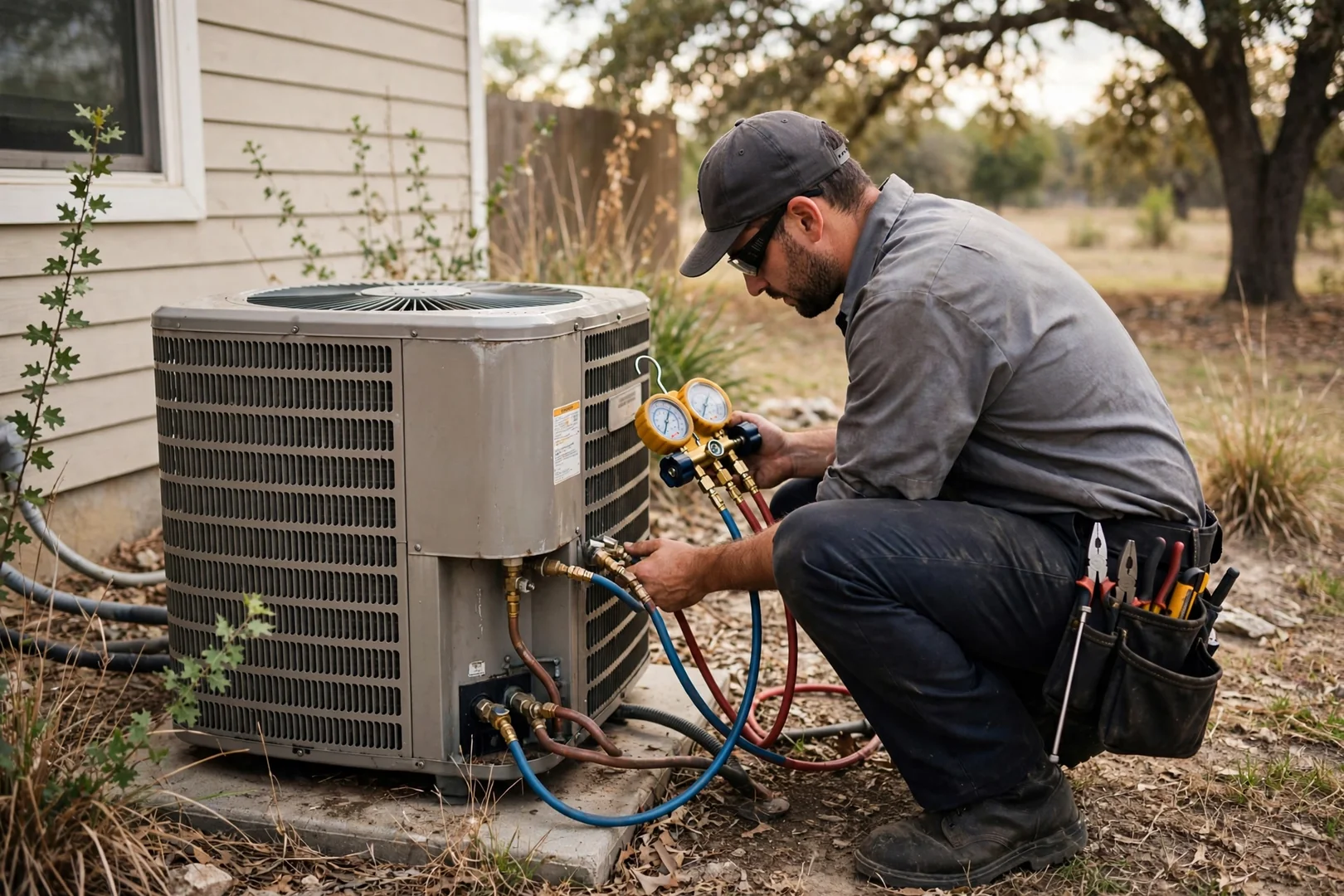 Technician checking refrigerant pressures on an outdoor AC condenser at a Converse home