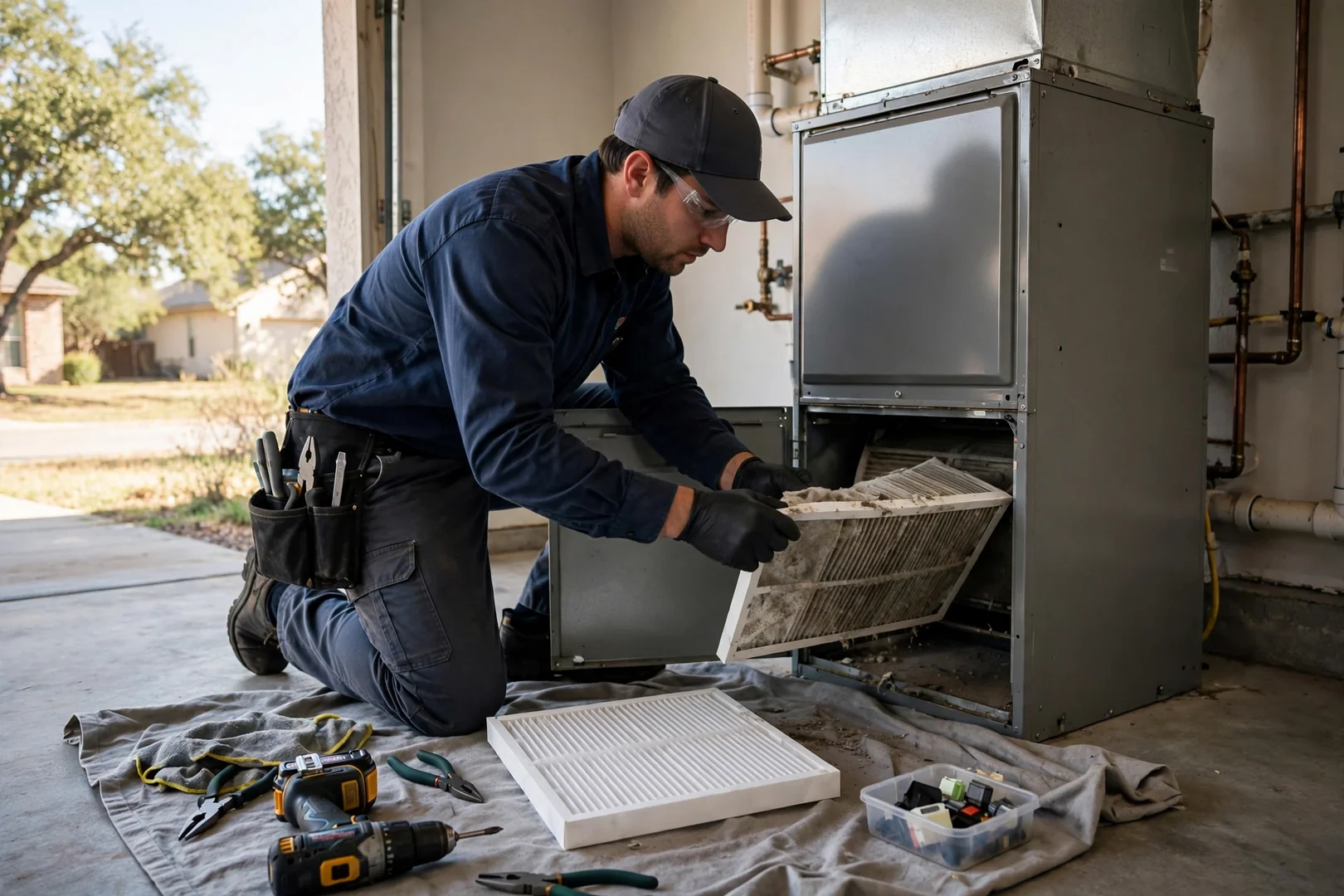 HVAC technician replacing a furnace air filter during a seasonal tune-up visit
