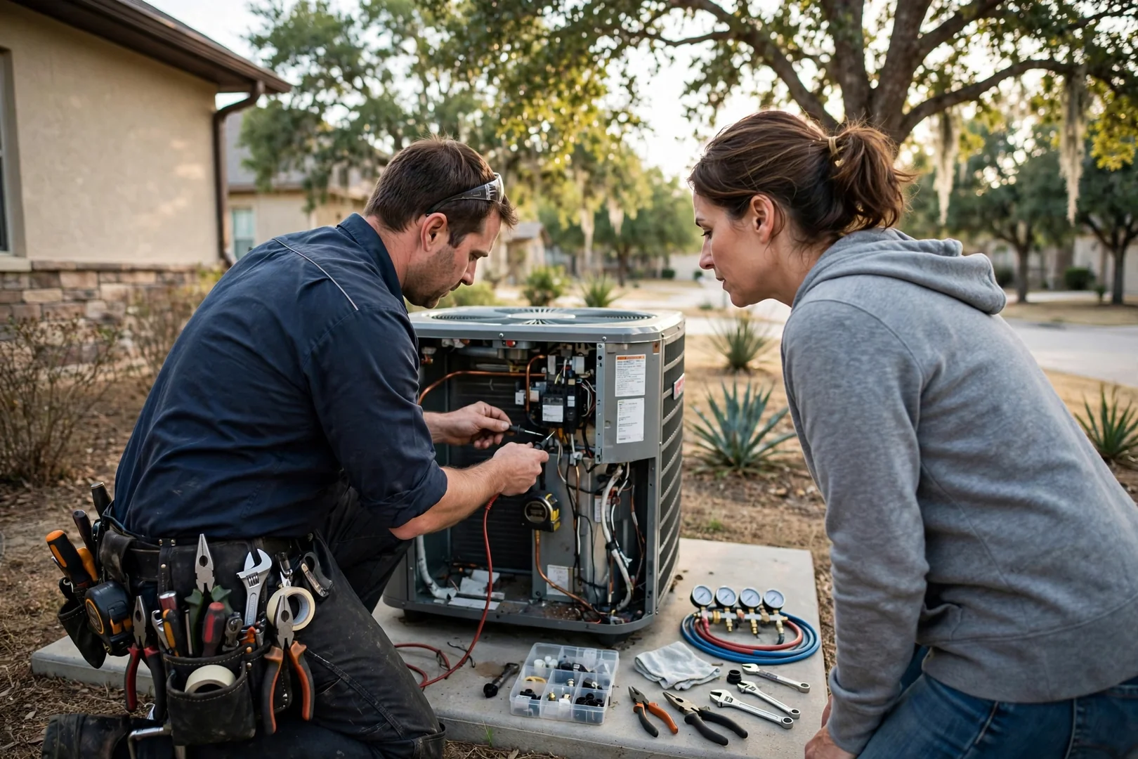 HVAC technician performing a seasonal tune-up on an outdoor AC unit in Converse, TX