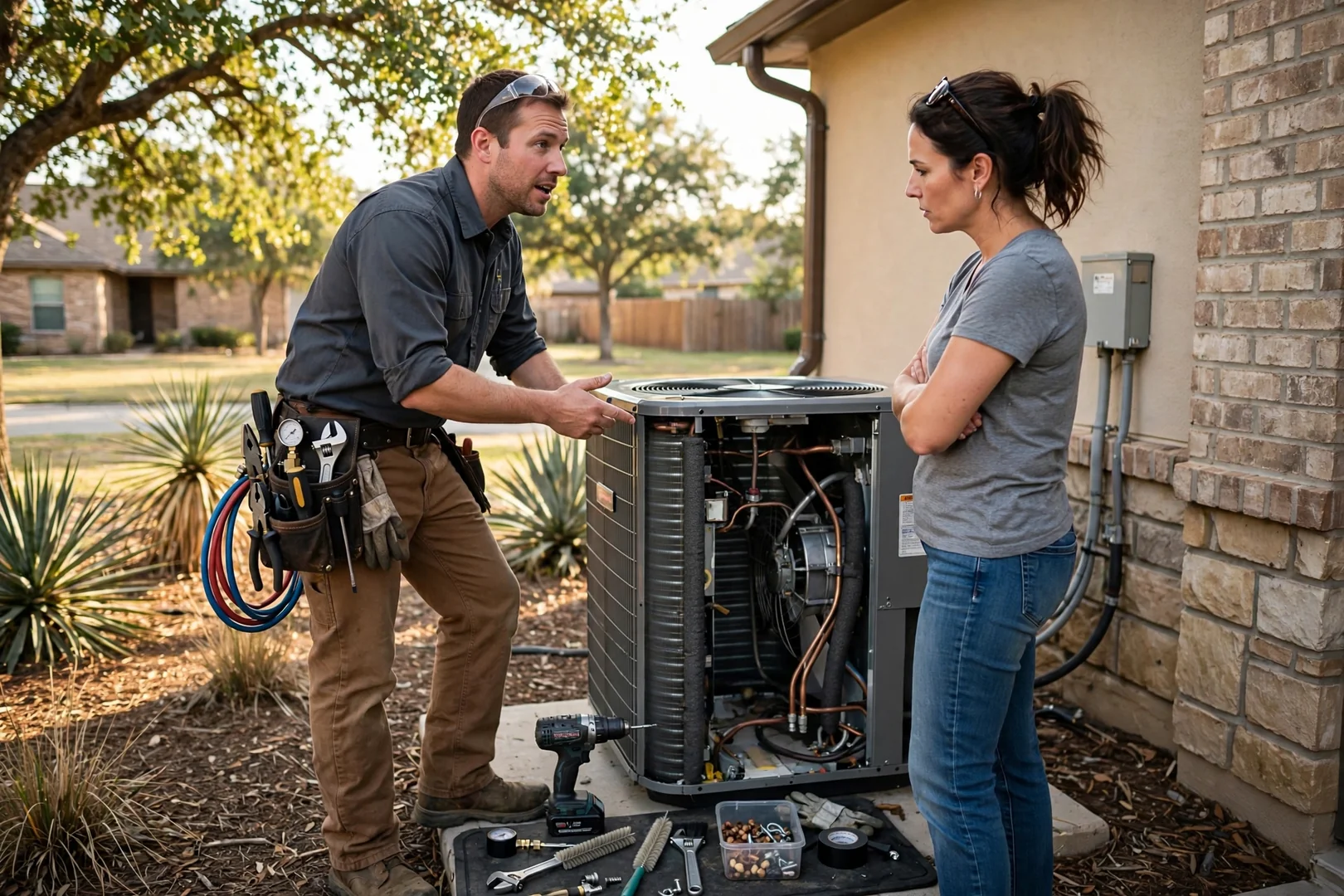 Technician checking refrigerant gauges on an AC condenser in Converse